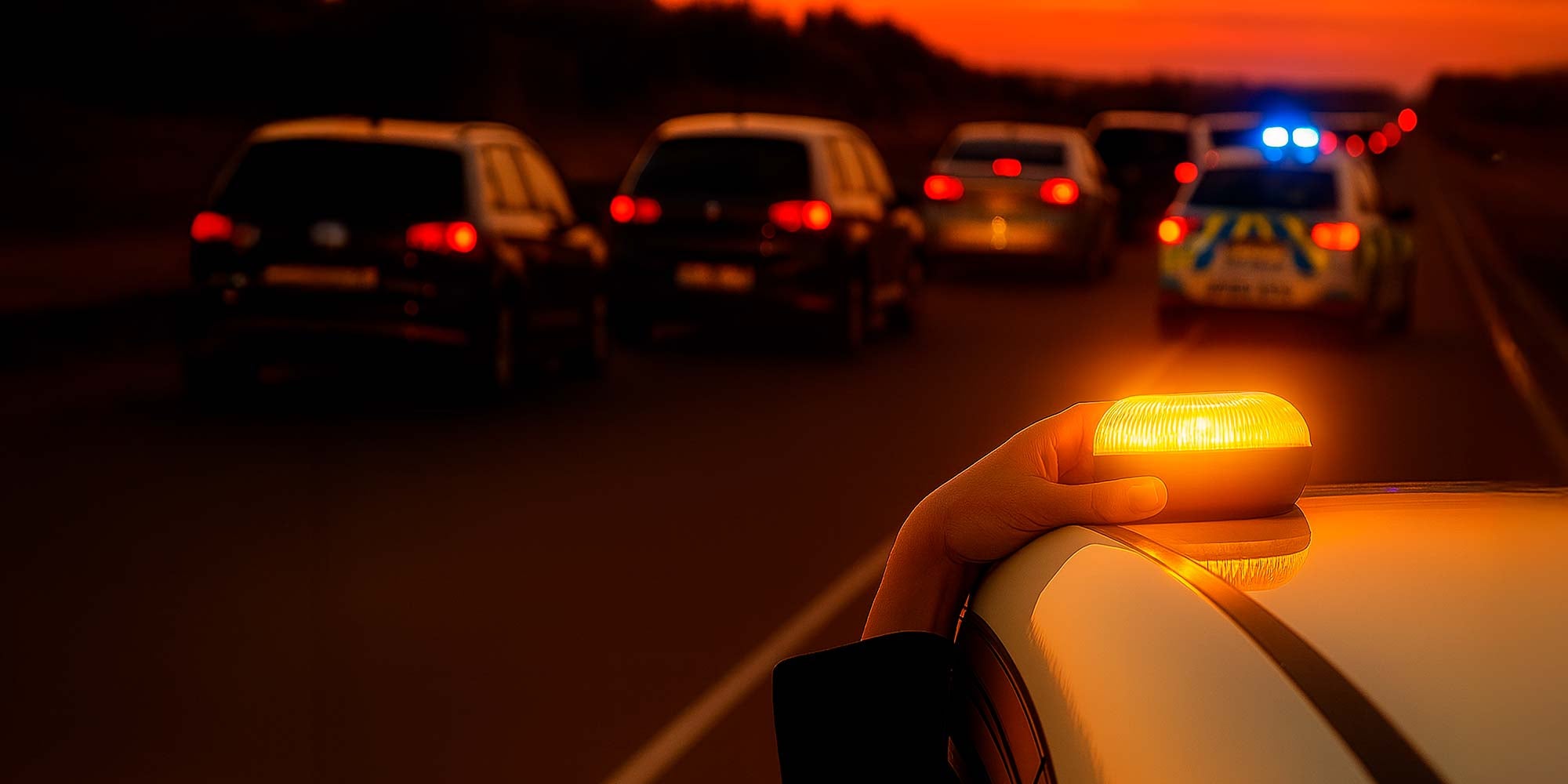 Persona colocando una baliza V16 conectada Geobaliza sobre el techo de un coche detenido, con presencia policial y tráfico en carretera al atardecer.