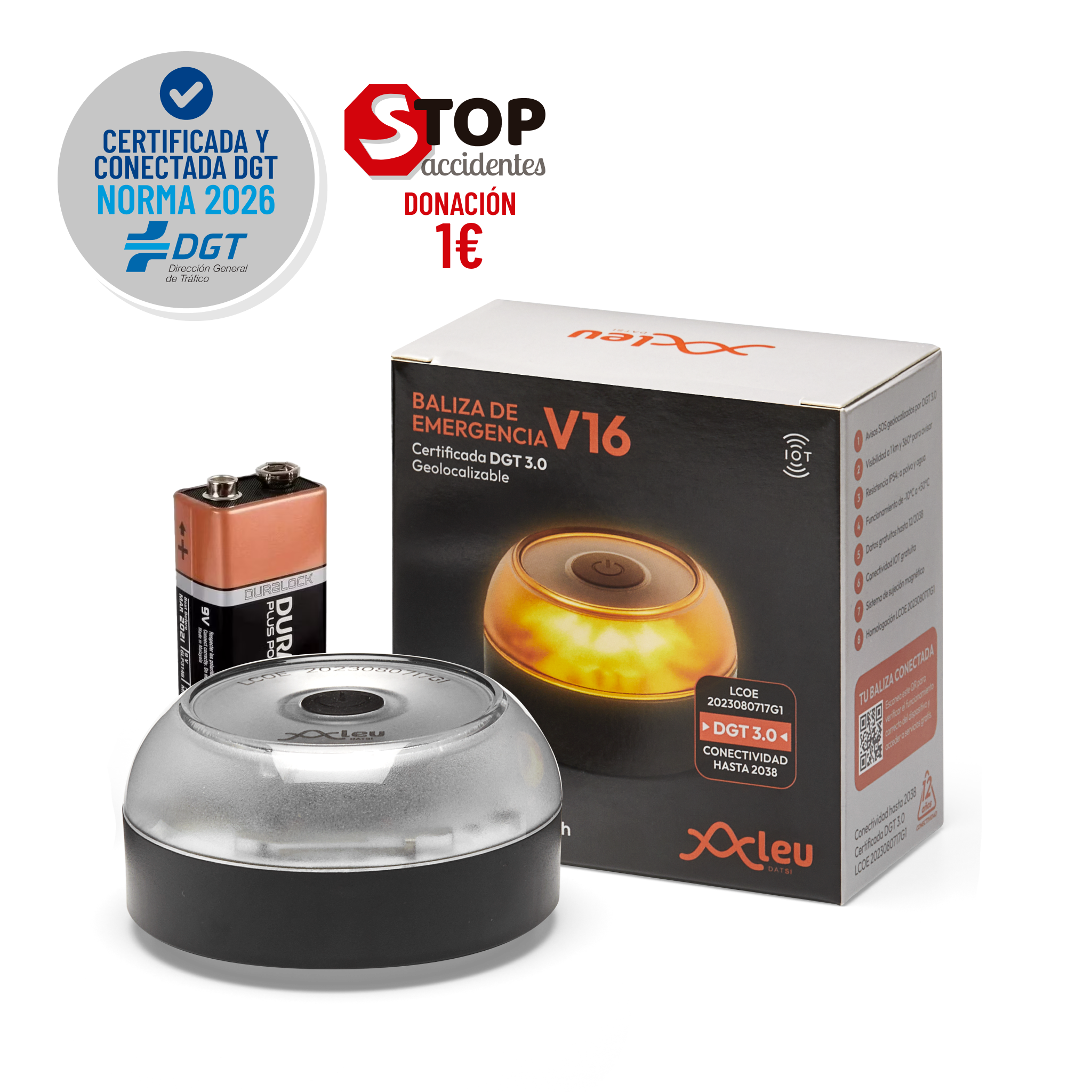 Baliza ALEU V16 Conectada, Certificada DGT y Solidaria con STOP Accidentes
