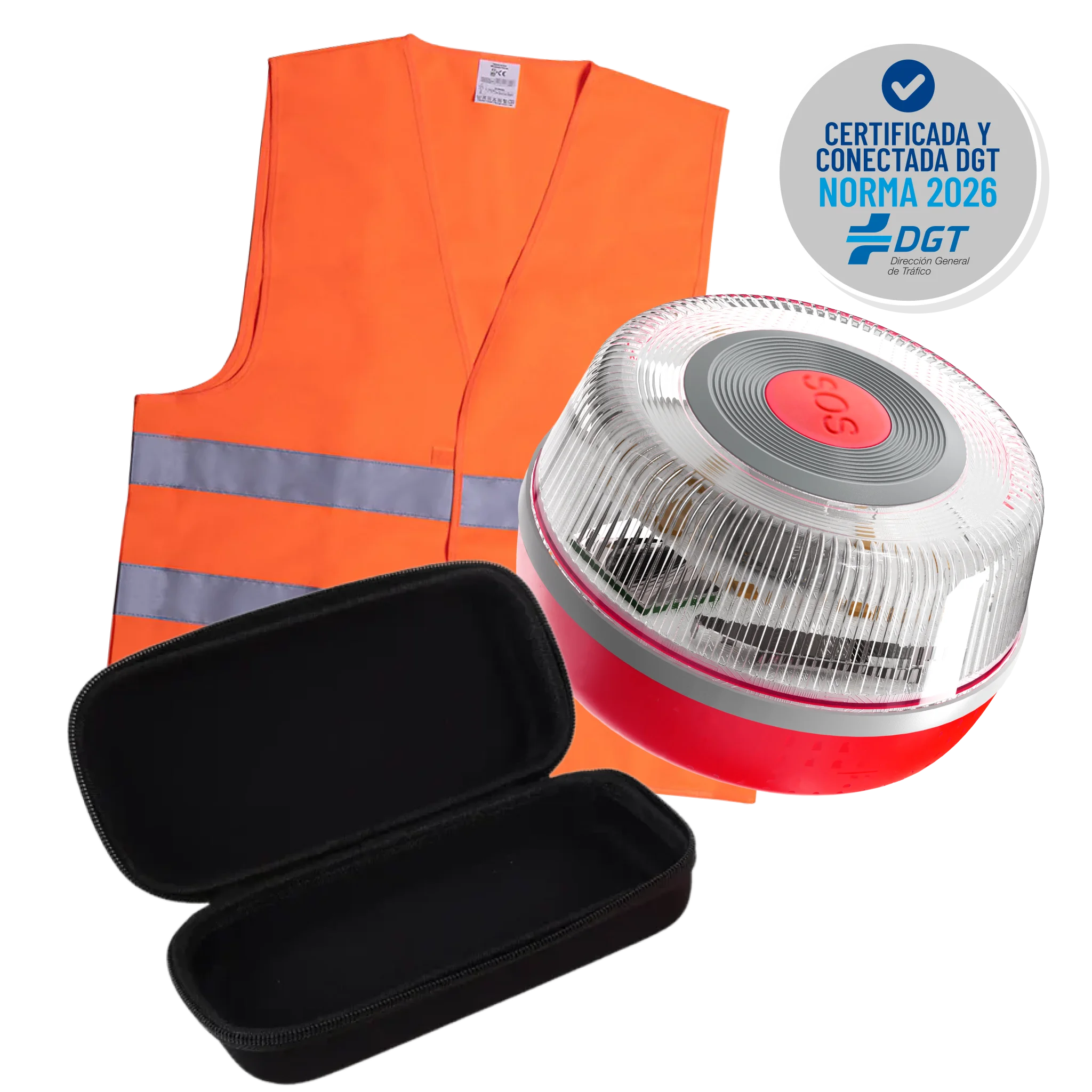 Kit de Emergencia en carretera: baliza GEOBALIZA IoT  V16 + Funda + Chaleco homologado