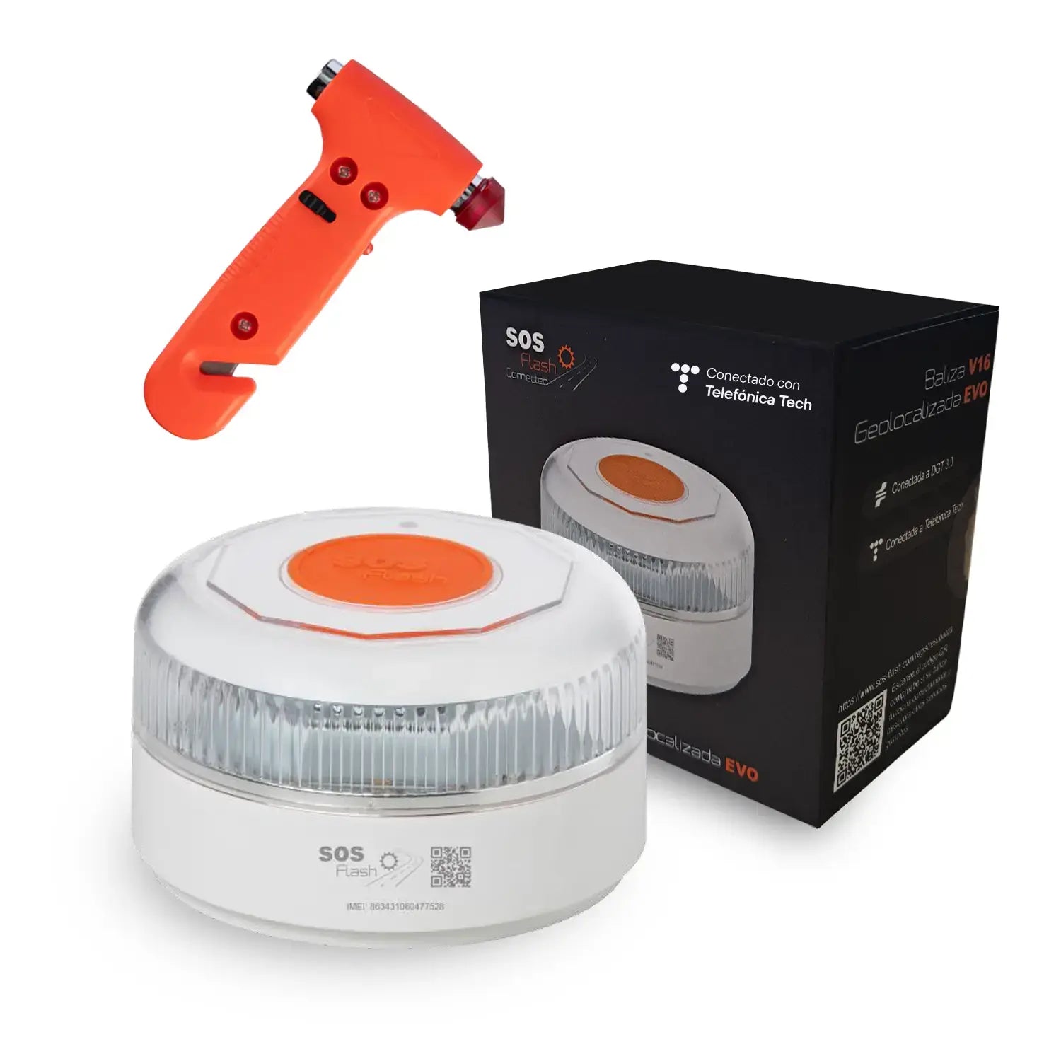 Baliza SOS FLASH EVO V16 IoT Conectada y Certificada DGT + Martillo de regalo